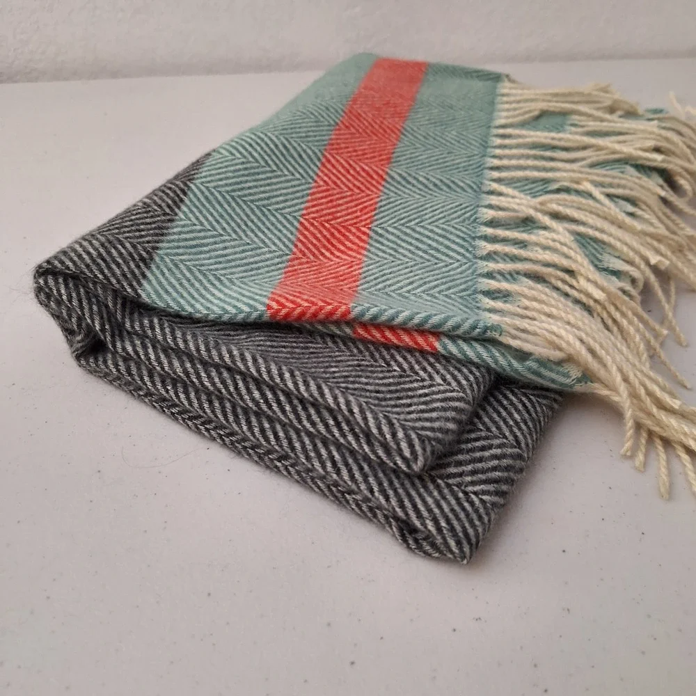Herringbone Scarf Shawl Wrap Teal Coral Gray Neutral Fringe Ends Cozy Warm